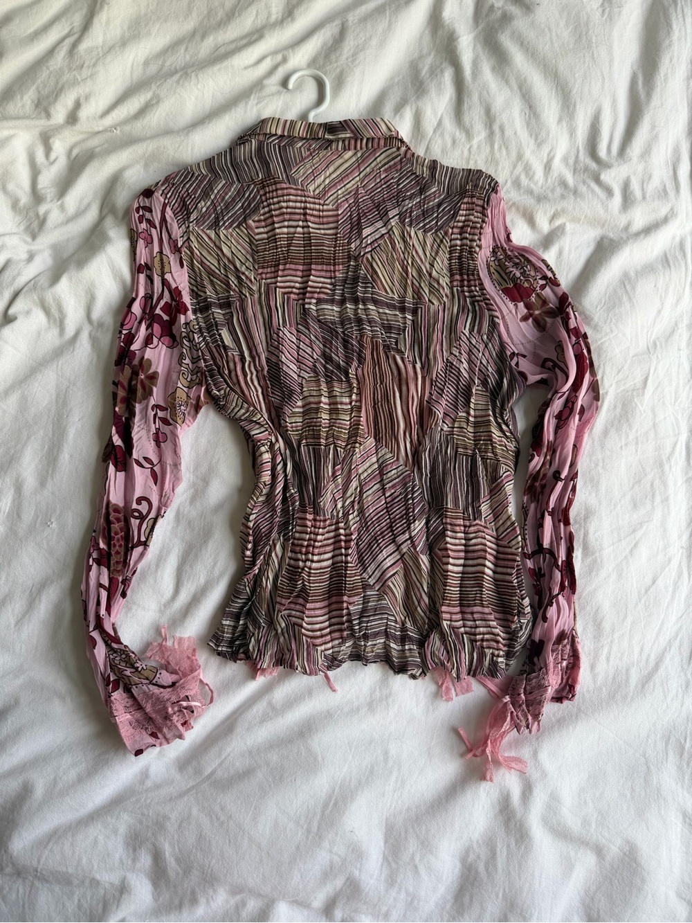 Women's Pink Patterned Ruffle Tie-Front Blouse - Picture 4 of 4